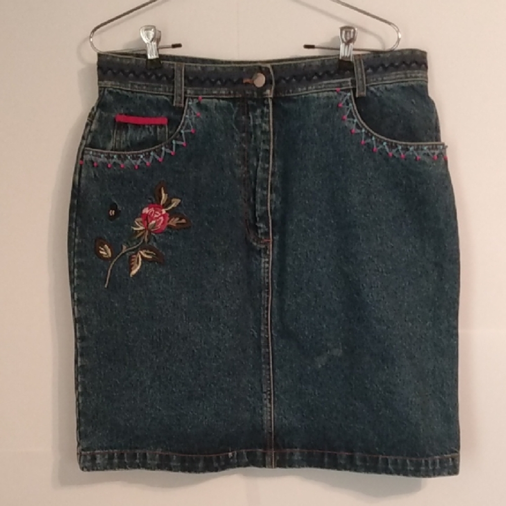 Vtg Cottagecore Embroidered Beaded Jeans Skirt 14 Together
